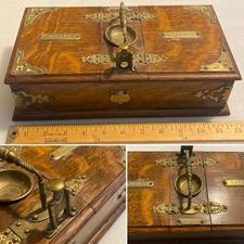 ANTIQUE OAK & BRASS SMOKING CIGAR, CIGARETTE BOX & MATCH STRIKER CIGAR CUTTER