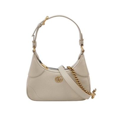 Gucci Aphrodite Small Beige Pebbled Leather Double G Chain Hobo Shoulder Bag