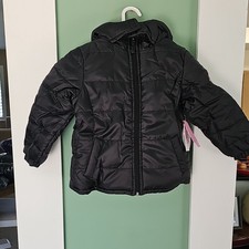 Pink Platinum Girls Black Hooded Puffer Jacket Full Zip Short Length Size 4 0340