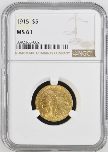 1915 Gold Half Eagles $5 Indian Head NGC MS-61