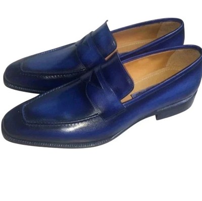 Handmade Blue Slip On Formal Genuine Leather Dress Formal Office Shoes For Men