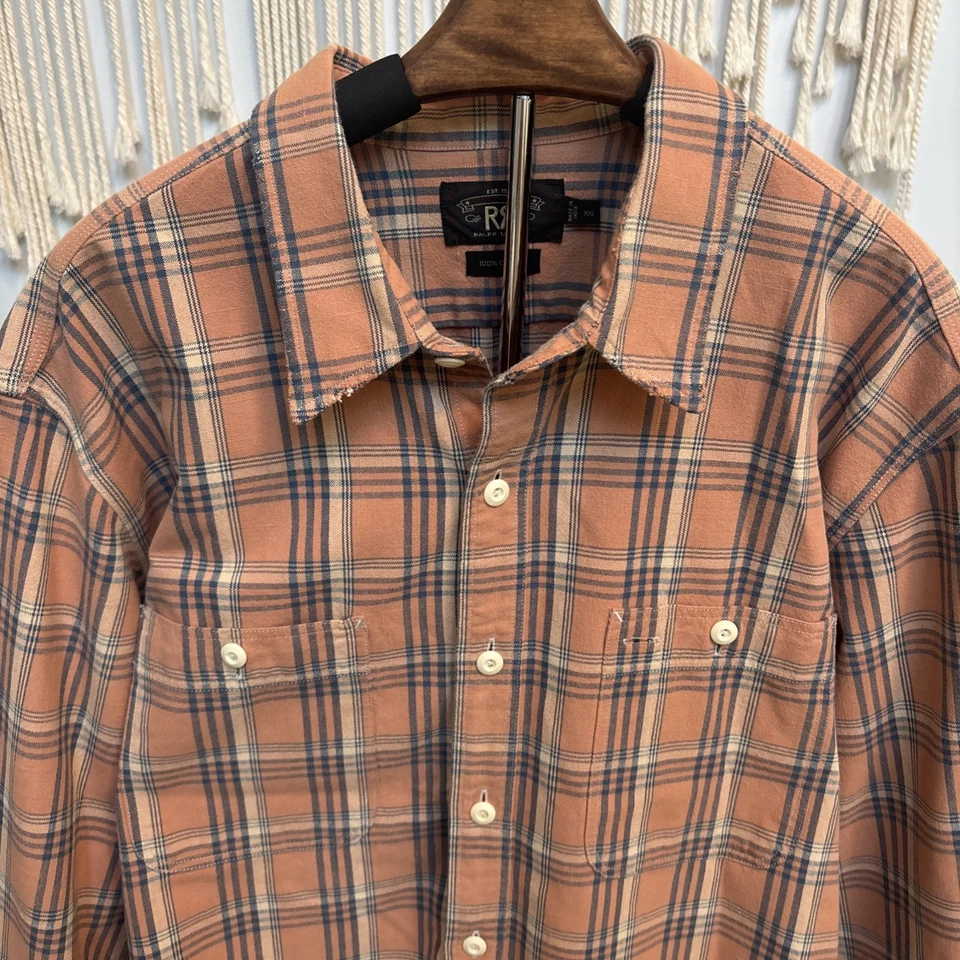 VTG Double RRL XXL Long Sleeve Shirt Cotton Orange/blue Plaid Work Wear Rare - Image 2 of 4
