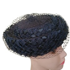 Vintage 60's Navy Woven Straw Pillbox Hat With Netting
