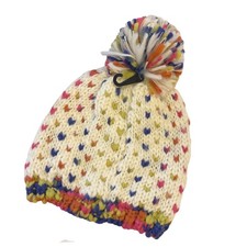 BP Chunky Knit Beanie Pom Pom Multicolor Heart Pattern Women's Winter Hat