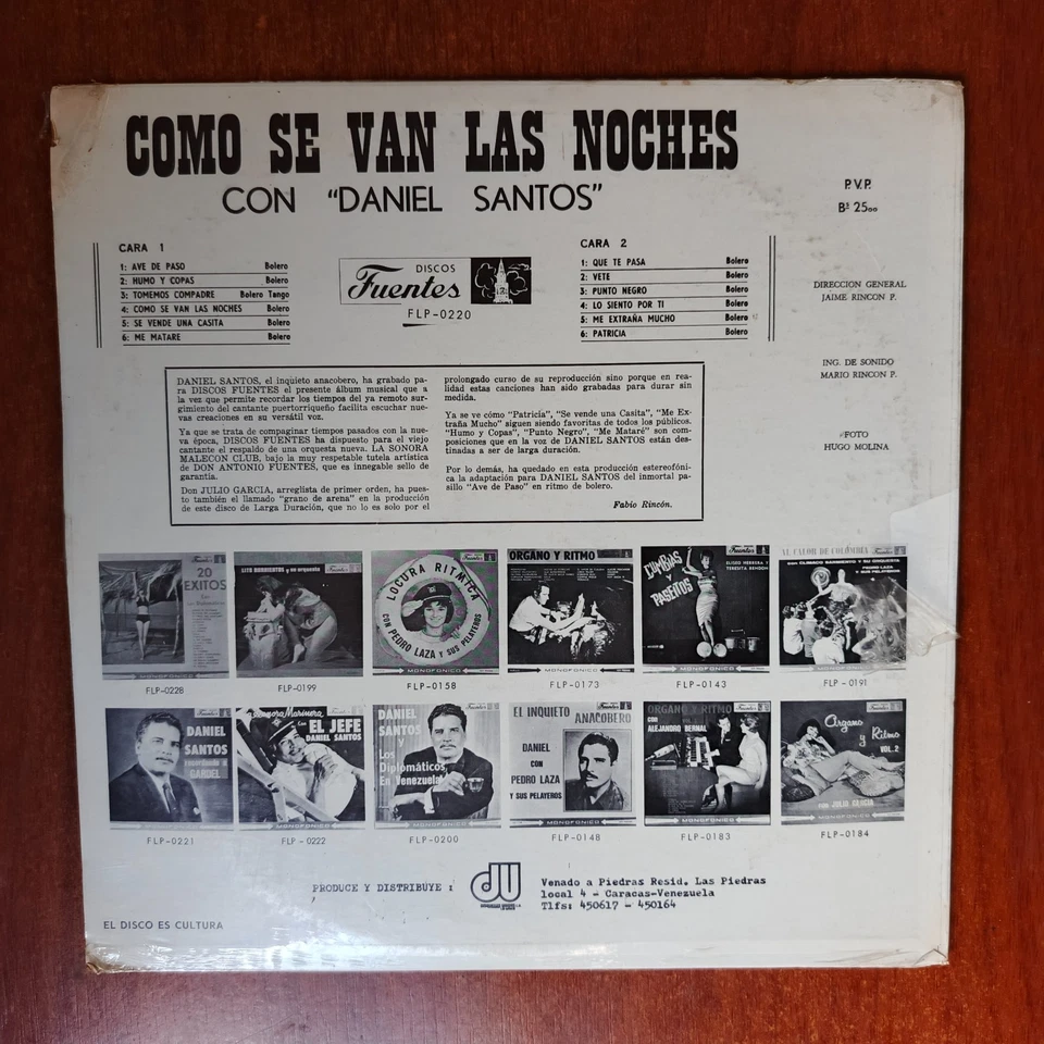 Como Se Van Las Noches Con Daniel Santos [1965] Vinyl LP Bolero Discos Fuentes - Image 2 of 2