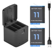2 Pack Hero 9/10/11 Battery with 3-Channel Battery For Gopro Hero 9 10 11 Camera