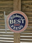 VINTAGE PILLSBURY'S BEST FEEDS DOUBLE-SIDED FLANGE PORCELAIN SIGN 17"×17"