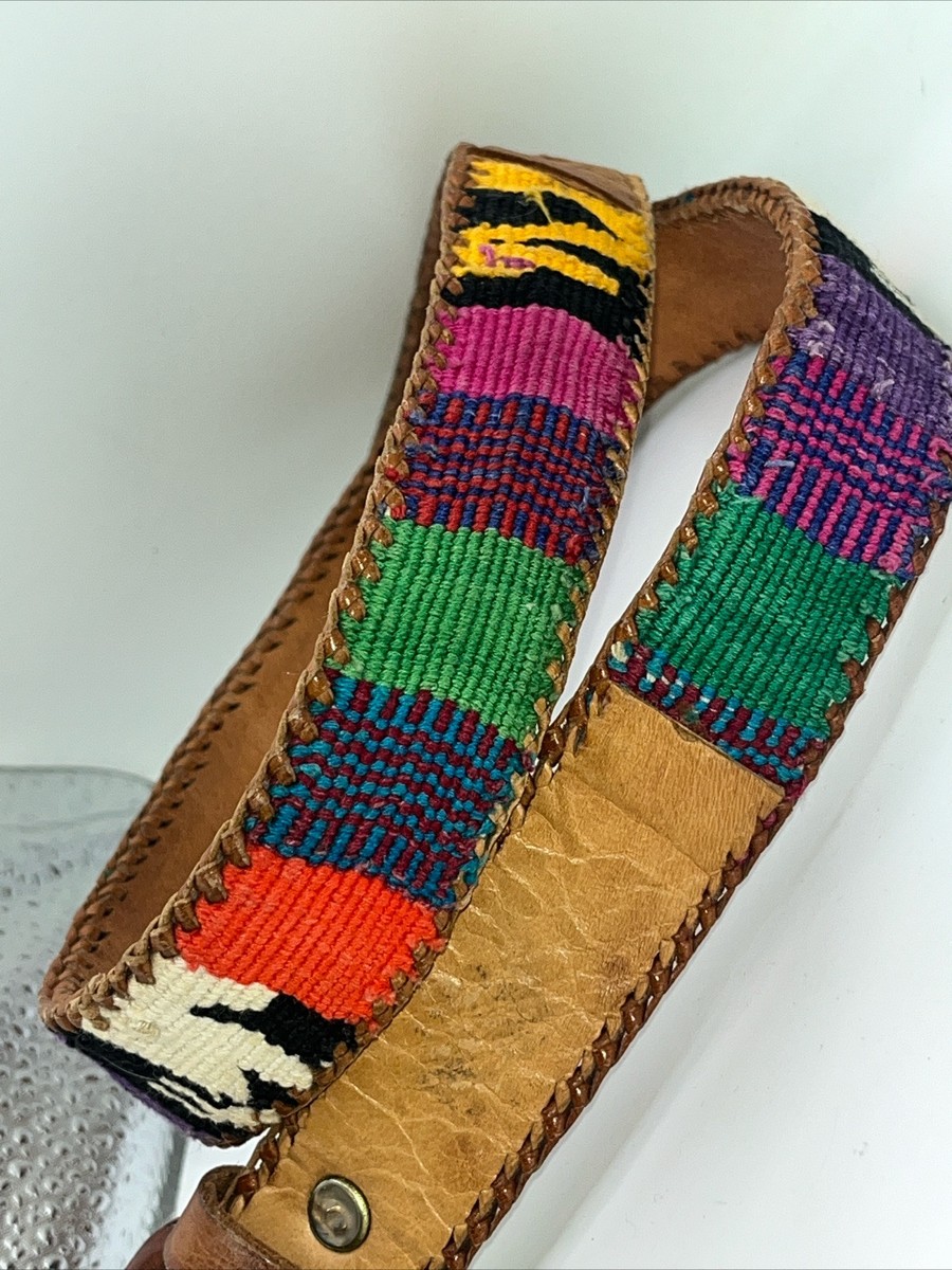 VTG 90's Belt Leather Tapestry Western Boho Embroidered Colorful