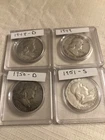 4 Franklin Half Dollar Silver Coins Circulated 1948 D. 1949 D  1950 D  1951 S
