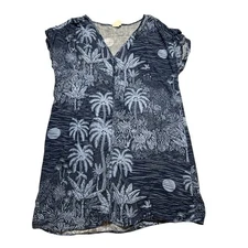 Desmond Dempsey H&M Short Sleeve Linen Blend Dress V-Neck Hawaiian Floral Blue M