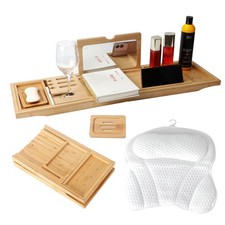 Bathtub Tray Table with Mirror and Bath Pillow, Expandable and Foldable Bambo...