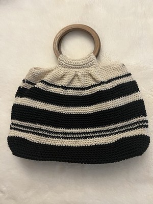 Worthington Striped Crochet Top Handle Bag With Wooden Handles & Inner Pockets