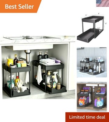 Space-Saving 2 Tier Under Sink Organizer Set - Durable Black Storage Baskets