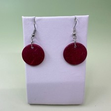 Red Dyed Shell Disc Drop Earrings Silver Tone Fishhook Boho Statement Jewelry