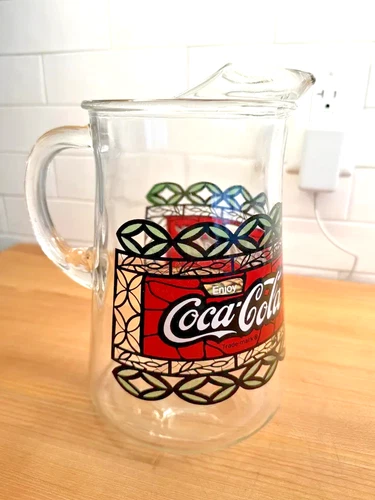 Vintage Tiffany Styled Coca Cola Pitcher, Stained Glass Motif w/Ice Lip - 3 Qt.