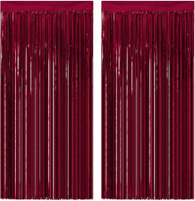 2 Pack Burgundy Metallic Foil Fringe Curtains, Tinsel Backdrop Decor
