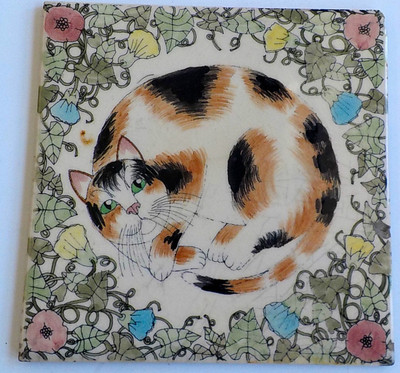 PAIR OF VINTAGE CERAMIC TILES-CAT/FLORAL MOTIFF-SIGNED-LINDA DOUGLAS-ENGLAND