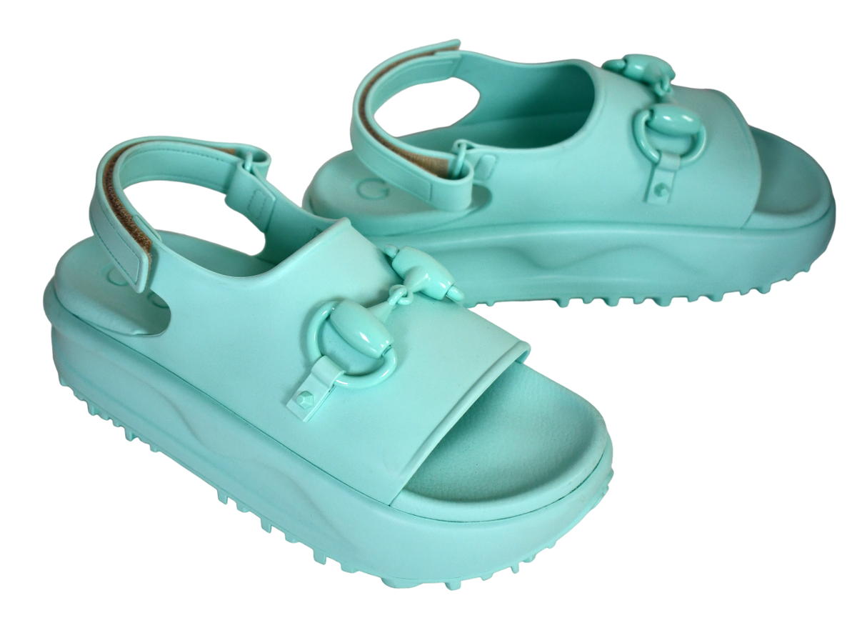 🆕️GUCCI Teal HORSEBIT RUBBER Slingback PLATFORM Sandals Women's