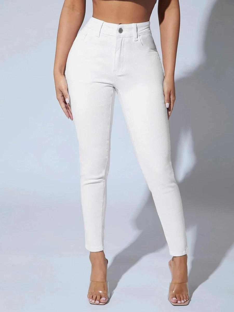 SHEIN PETITE WHITE Solid Skinny Slant Pocket Jeans Zip Fly Patched