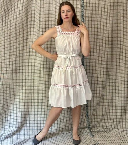 Vintage NWT 70s White Red Ribbon Tiered Skirt Dress by Shelly Michaels size S/M - Picture 5 of 16