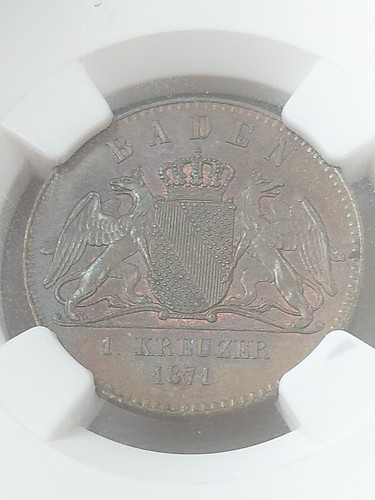1871 Germany Baden 1 Kreuzer NGC MS65BN Choice UNC! Victory - Picture 10 of 11