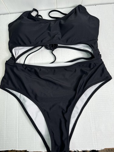 Beachwear Woman’s One Piece Cut Out Scrappy Back Black Swimwear Sz L New - Picture 10 of 11