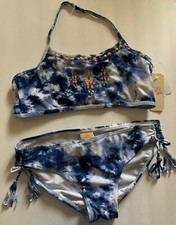 GB Girls Denim TIE DYE SWIMSUIT 16 NEW 2pc Bralette TOP Beads Tassels TWO-PIECE