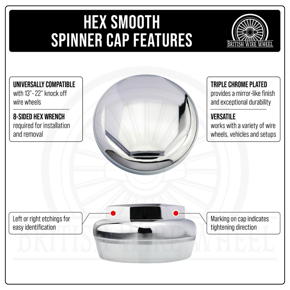 Hex Chrome Knock Off Spinner Caps for Lowrider Wire Wheels, Set of