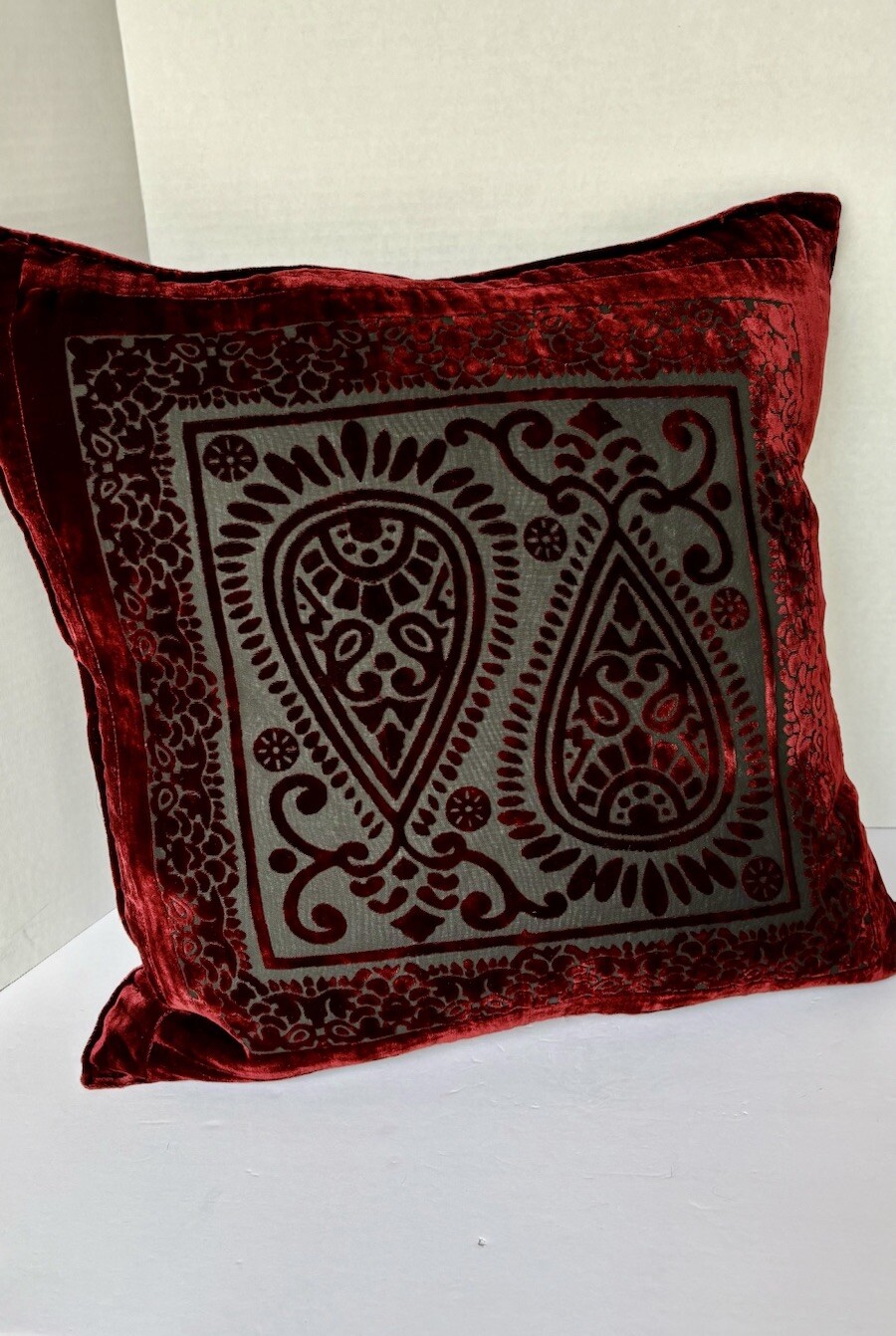 Cut Velvet Paisley Print Deep Burgundy Feather Down Pillow B