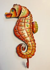 DYNAMITE 11.25" SEAHORSE ENAMEL PAINTED STEEL COAT/WALL HANGER SIGNED "DJRR" VGC