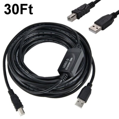 30FT Repeater Booster USB 2.0 A to B Male Printer Extension Cord Cable 9M