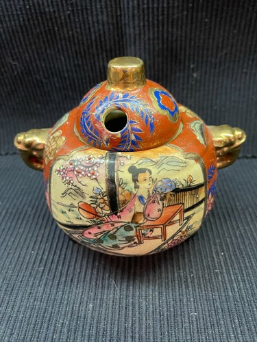 VINTAGE ASIAN 3-LEG CERAMIC INCENSE BURNER HAND PAINTED GOLD GILT HANDLES - Picture 2 of 4