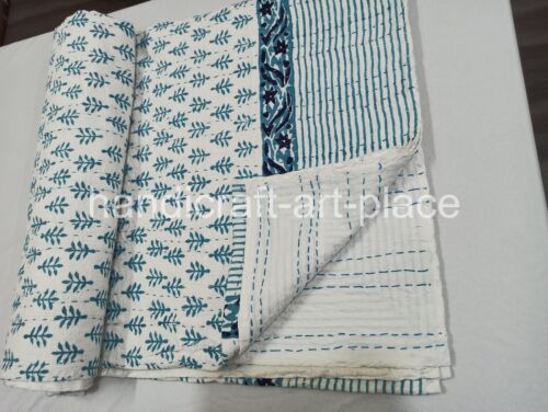Unique Indian Hand Block Print Quilt Kantha King Size Bedspread Floral, Throw - Picture 7 of 8