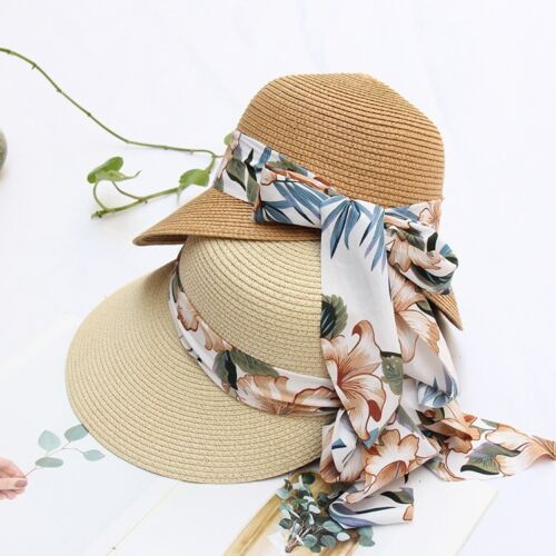 Damen Frauen Sommer Sonne Strand Strohhut Faltbar Große Krempe Hüte Schleife Neu - Bild 3 von 19