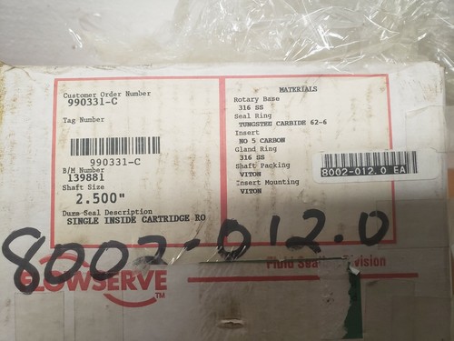 Flowserve rotary Shaft Pump Seal 2.500 Diameter Shaft Carbide Seal 316ss NIB - Picture 2 of 9