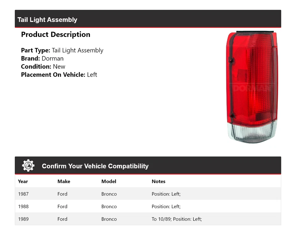 Conjunto de luz trasera izquierda para Ford Bronco Dorman 1987-1989 1988 Foto 2 de 4