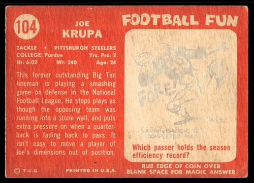 1958 Topps #104 Joe Krupa RC Pittsburgh Steelers VG-VGEX - Picture 2 of 2