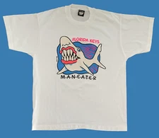 Vtg Florida Keys MANEATER Shark Neon Destination Tee Single Stitch TShirt Large