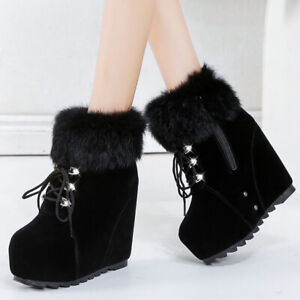 Winter Womens Warm  Fur Trim High Top Ankle Boots Lace Up 11cm Wedge Heel Shoes
