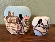 Set Of 2 Mexican Pottery Handpainted Vases Blue Pink, Gold Highlights ￼Signed