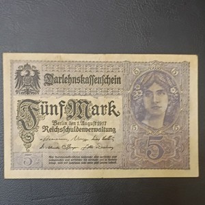 Germany 5 Mark Darlehnskassenschein Banknote, Berlin 1 August 1917