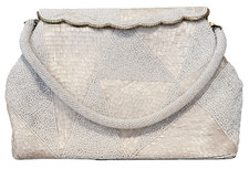 Vintage Bridal or Evening Handbag Hand-Beaded Geo-Design Ivory Seed/Bugle Beads
