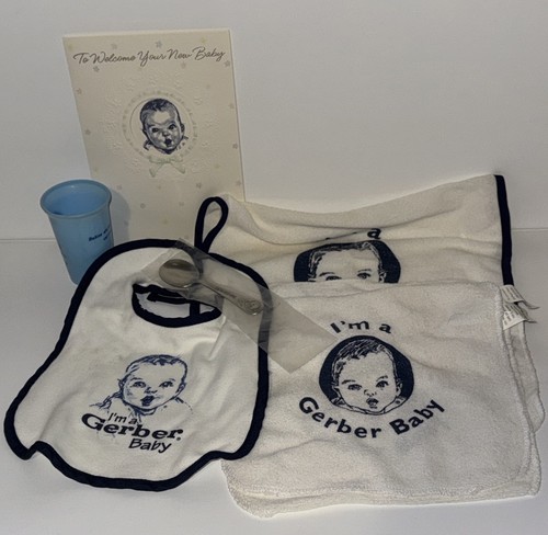 Vintage Collectors Bib Burp Cloth Spoon Cup A Gerber Baby White Blue  Card