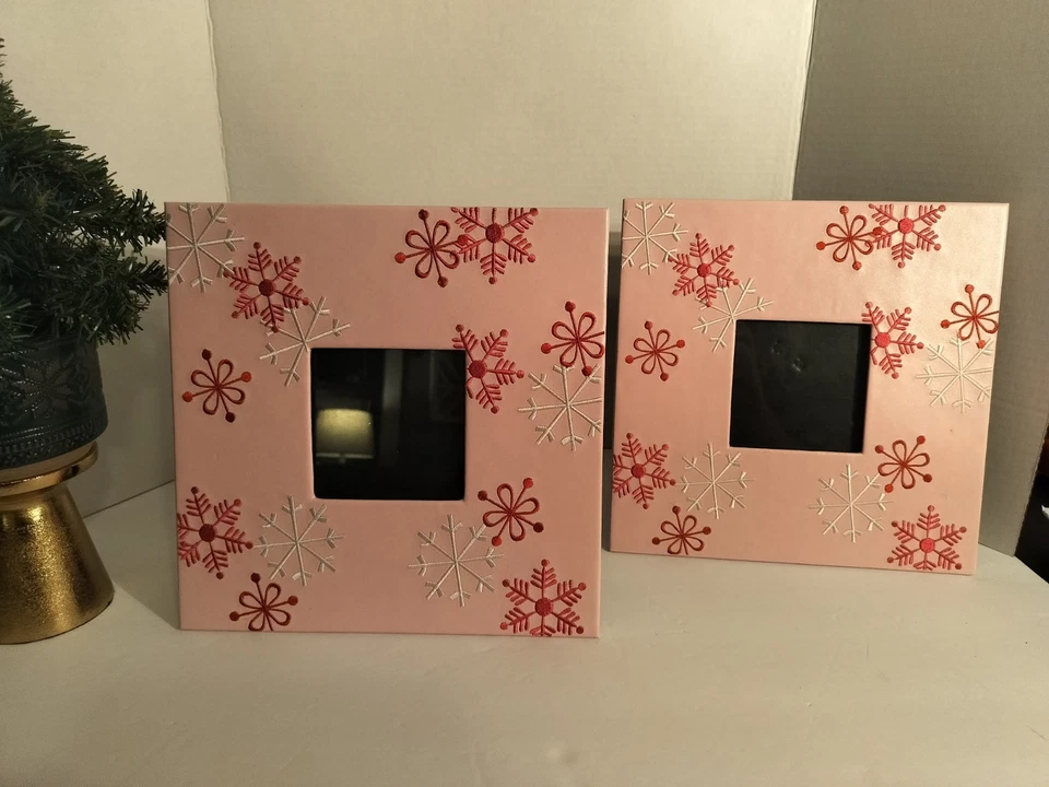 Pier One Imports Pink "Leatherette" Snowflake Photo Frames, Set Of Two (2) , EUC - Image 2 of 4