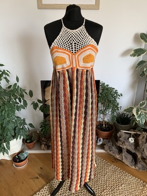 Zara Kontrast Häkel Midi Kleid Strick Boho Ärmellos Selten - Medium Stretch