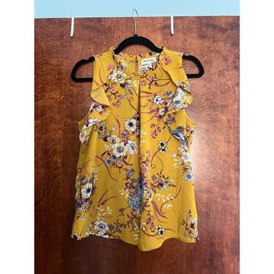 Monteau Blouse Womens Large Yellow  Floral Ruffle High Neck Sleeveless