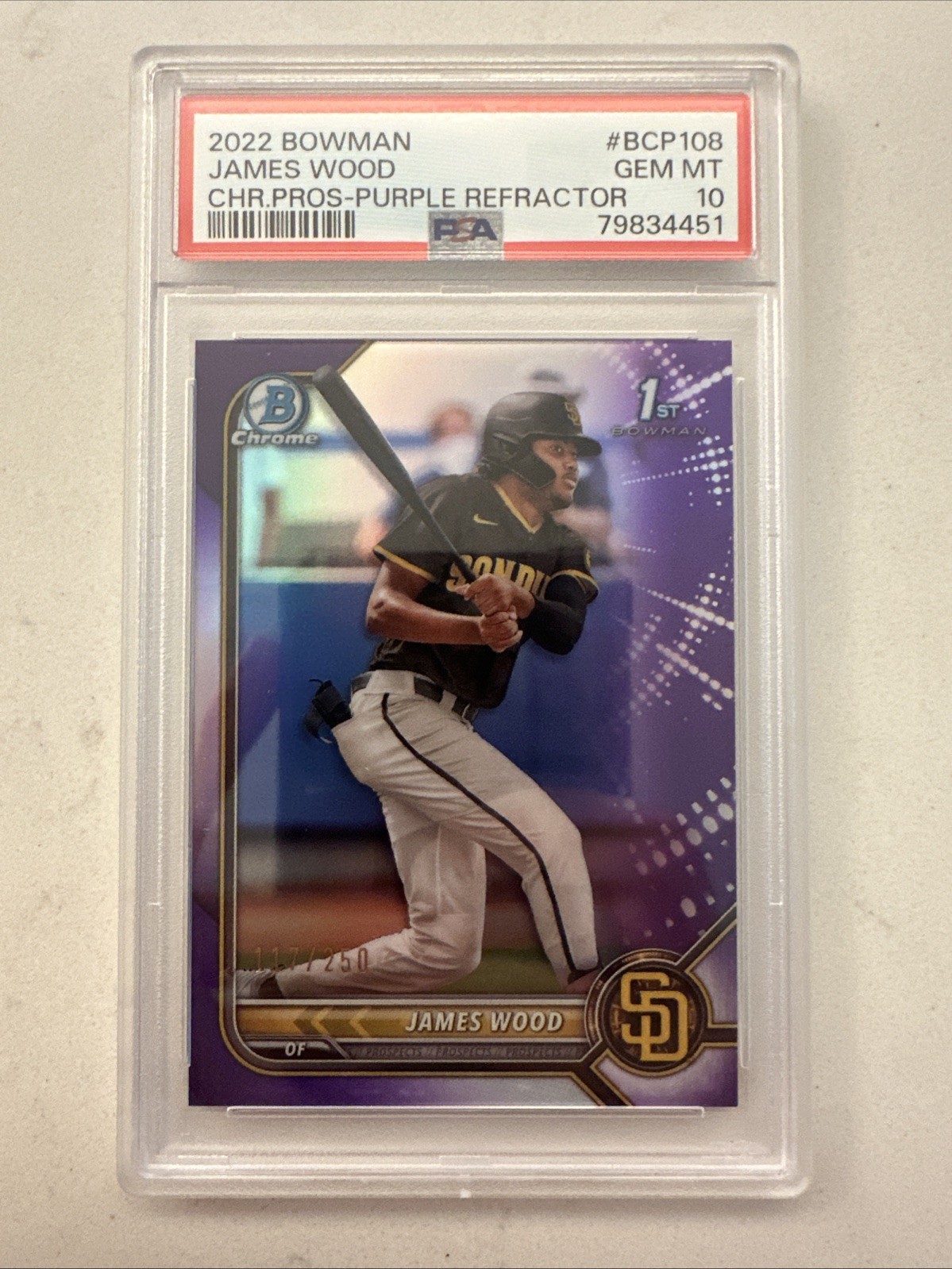 2022 Bowman Chrome Prospects James Wood Purple Refractor RC Rookie /250 PSA 10