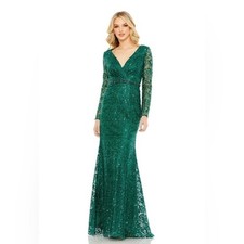Mac Duggal #68016 Emerald Green Beaded Embroidery Illusion Sleeve Dress Size 22