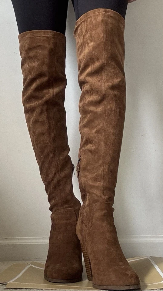 Forever 21 Botas para Mujer Sobre la Rodilla Imitación Gamuza Tacón Bloque Marrón NUEVAS ~ Talla 8 Foto 4 de 4