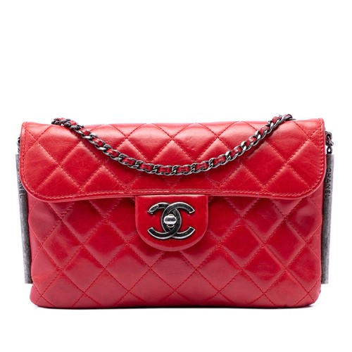 Chanel CC Quilted Lambskin Embossed LAX Single Flap Pre-Loved Crossbody Bag Red